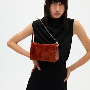 BNIB MANU ATELIER Women's Brown Mini Prism Faux Fur Shoulder Bag in Red Bole